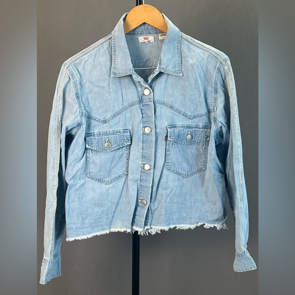 Denim Shirt. Button Down. Rhinestone Sleeves. Collar - Picture 1 of 5